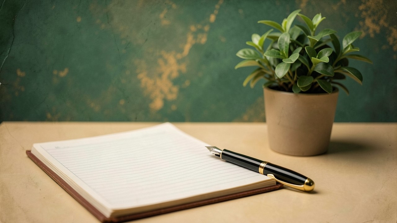 A clean desk with a paper ledger showing a payment schedule, a pen, and a small plant, under warm light