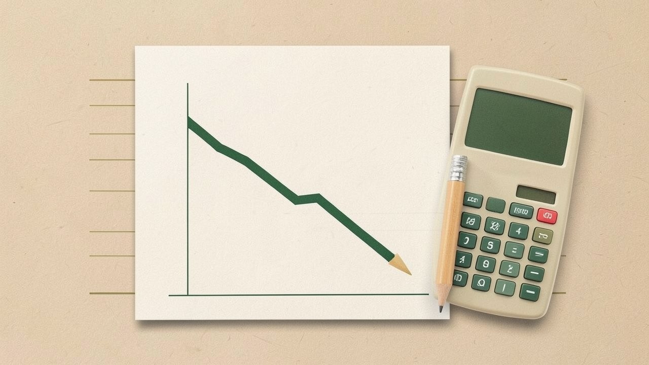 A graph on paper showing a declining curve from upper left to lower right, with a pencil and calculator nearby