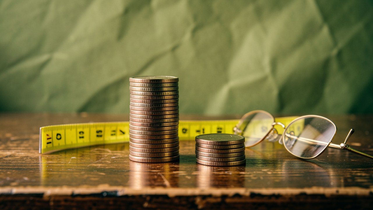 Two stacks of coins of different heights on a table, with a measuring tape and a pair of glasses