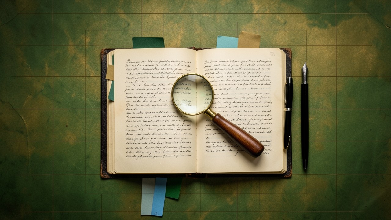 An open book with a magnifying glass and several labeled tabs sticking out, on a desk