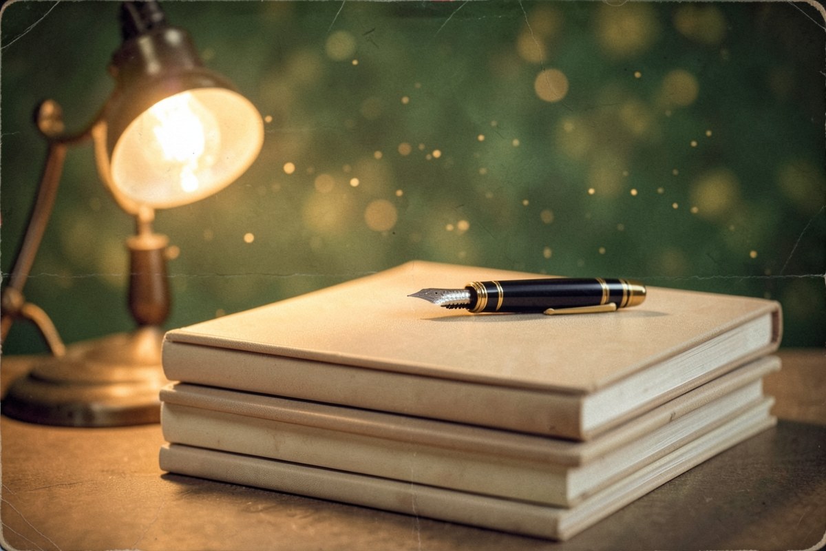A stack of notebooks and a pen on a desk, with a warm lamp light