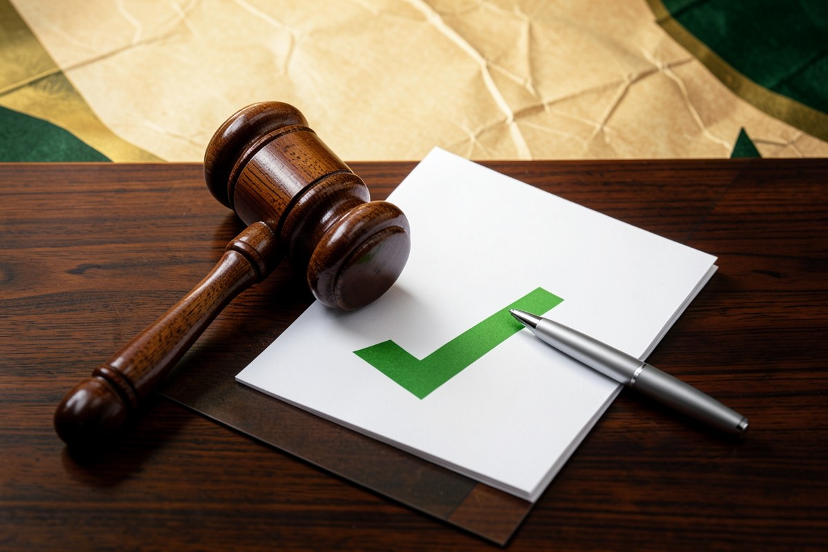A judge's gavel next to a document with a checkmark and a pen, on a desk