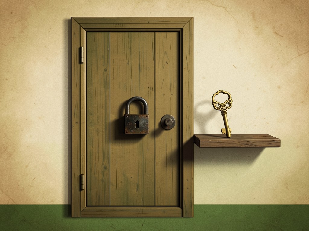 A door with a large padlock and a key resting on a small shelf