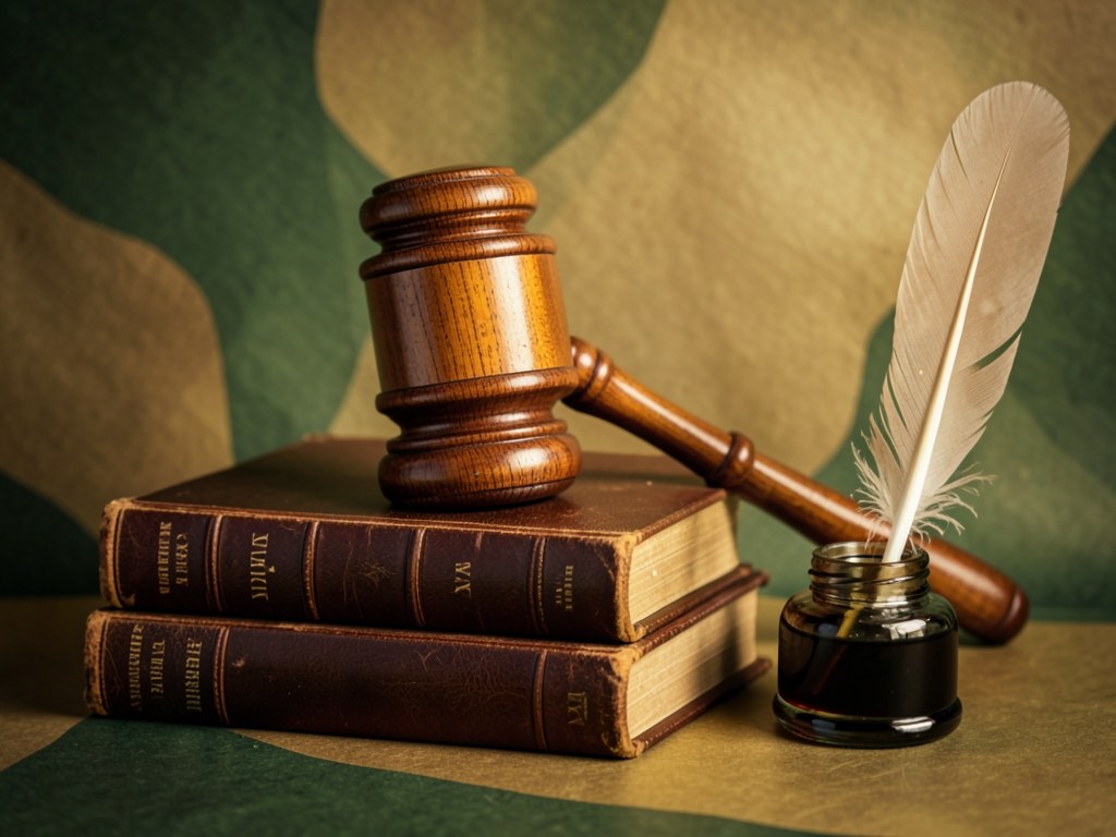 A gavel resting on a stack of law books with a quill pen in an inkwell