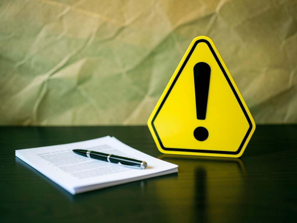 A caution sign with an exclamation mark on a stand, next to a document and a pen